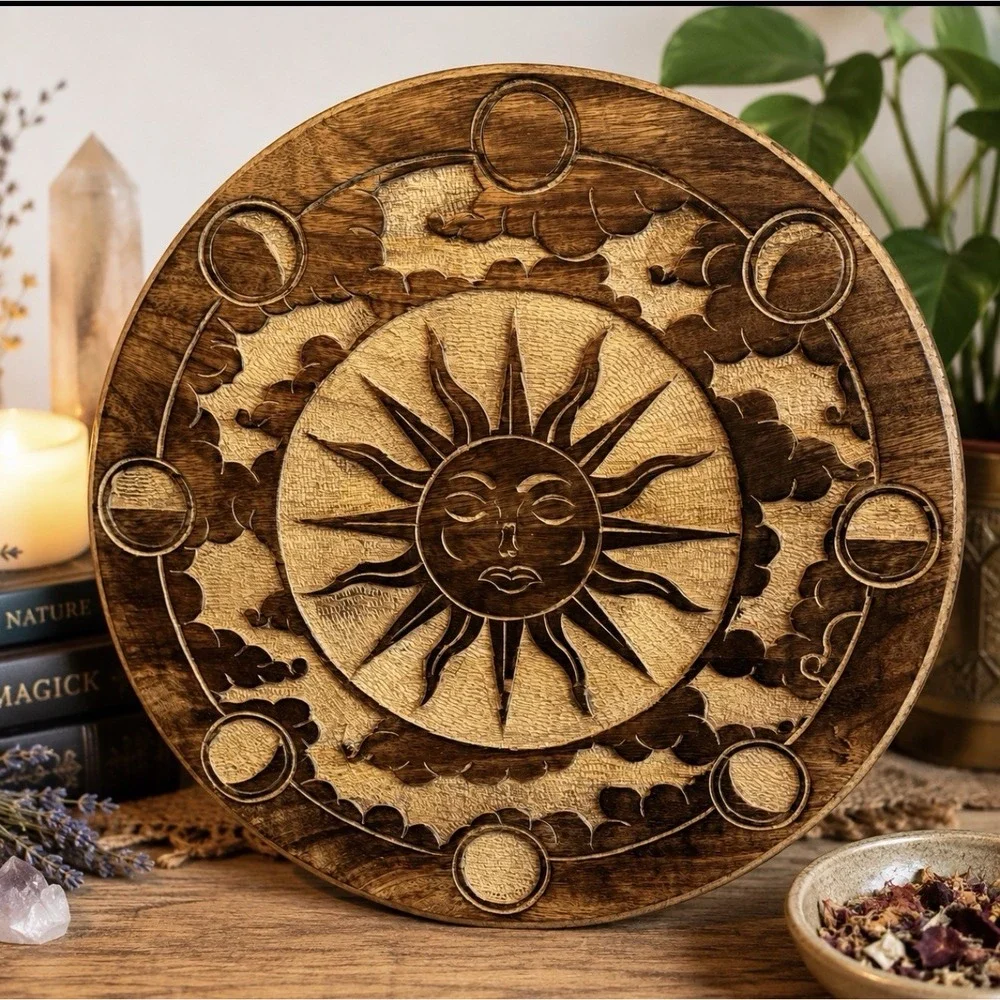 Vintage Hand Carved Celestial Sun Moon Wall Art Lazy Susan Wood Tray 16